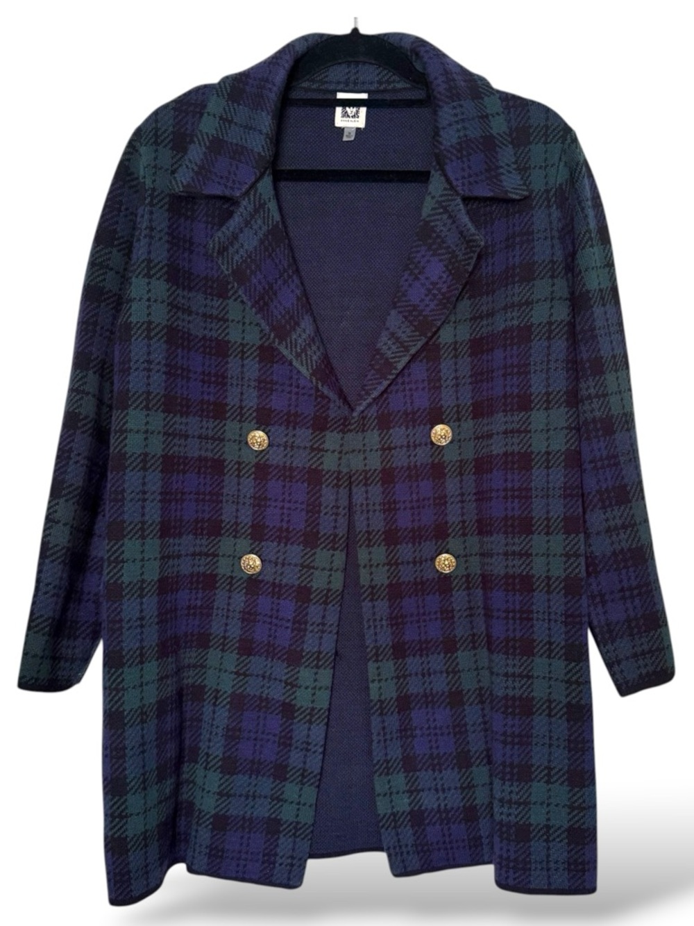 Vintage Anne Klein Blue Green Plaid Double Breasted Cardigan Jacket Medium